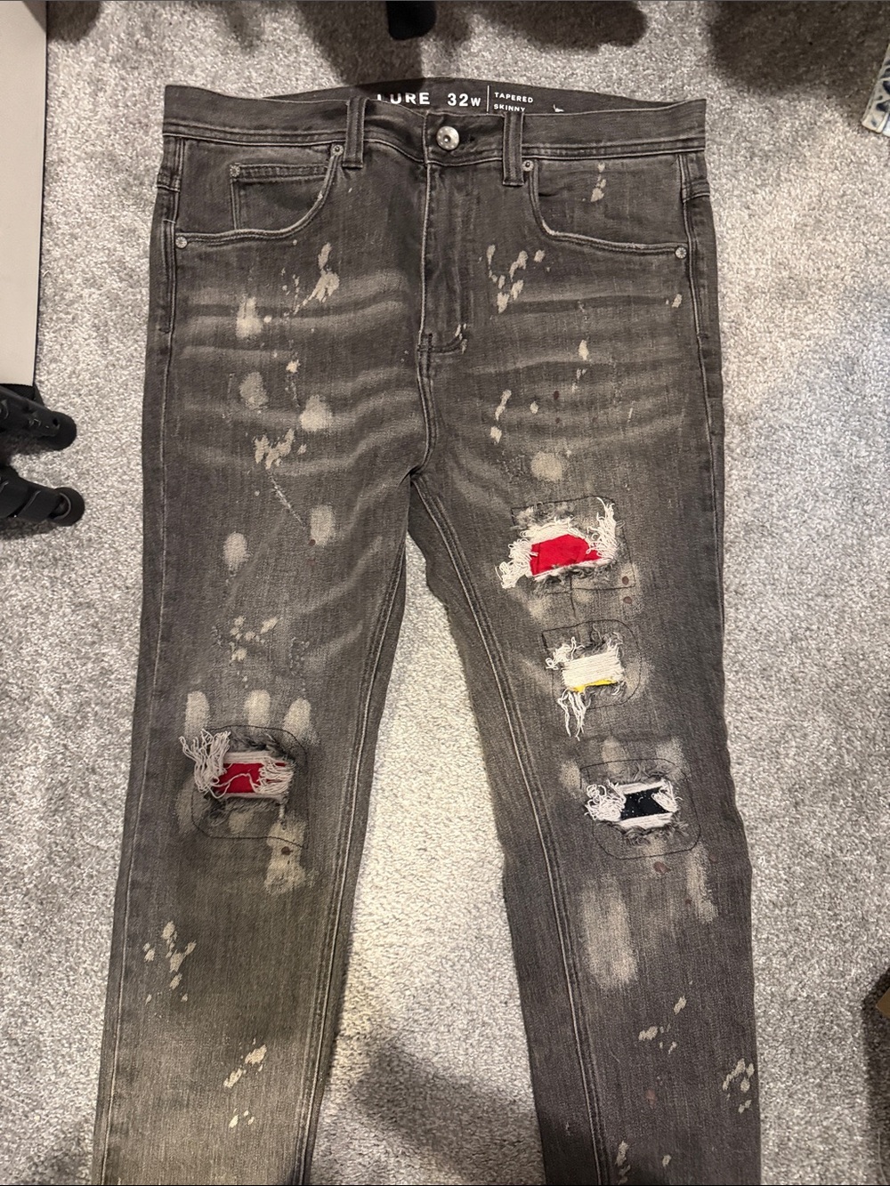 Zara Men's Skinny Gray Distressed Jeans with Red, Yellow & Navy Patch Detail